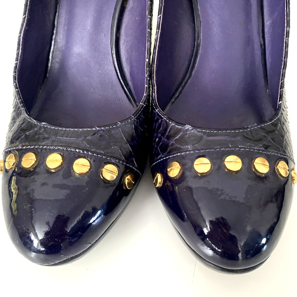 Tory Burch Purple Round Toe Snake Embossed Pump Heel Gold Studs Platform 9.5 M - Picture 5 of 10